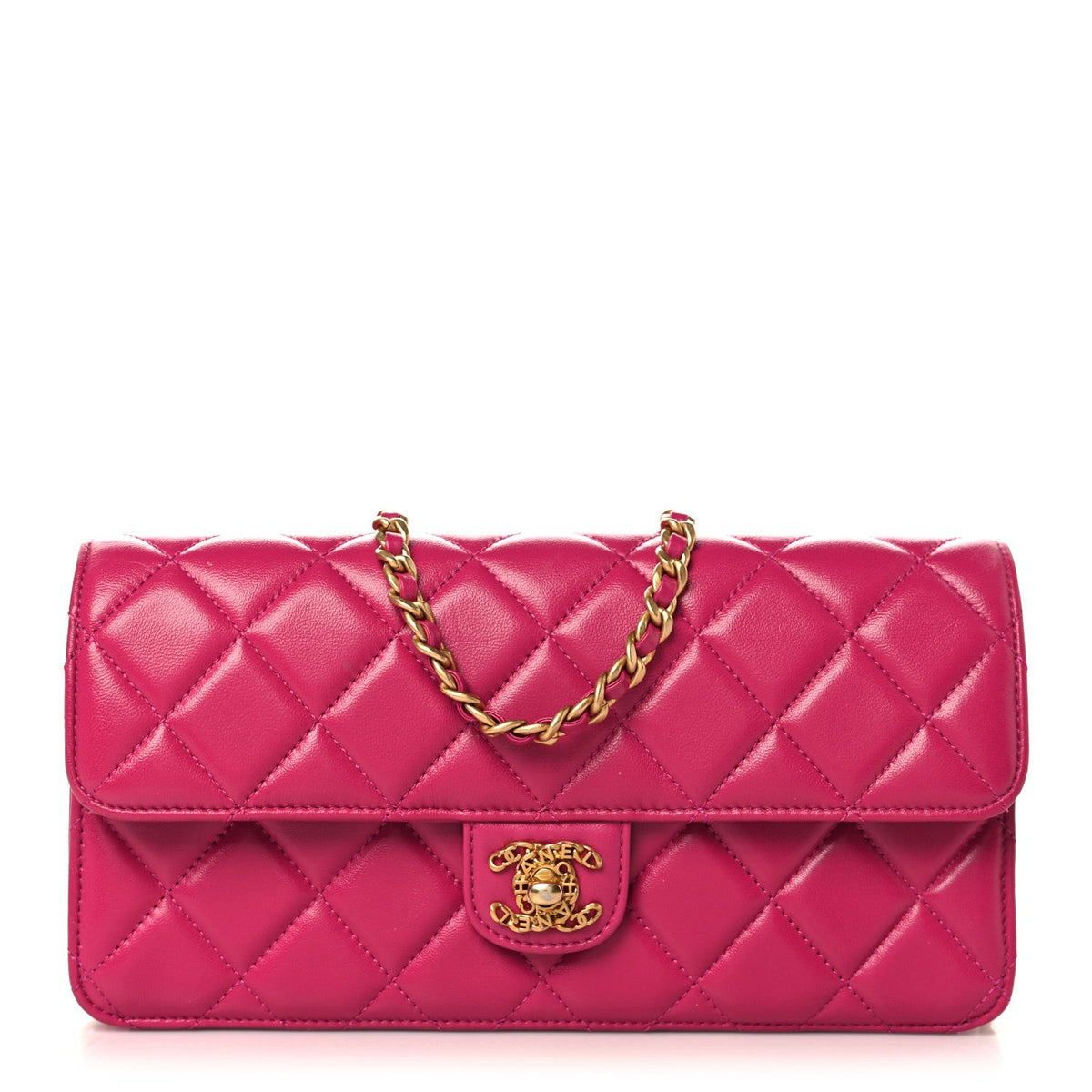 Shiny Lambskin Quilted Flap Clutch Bag Dark Pink
