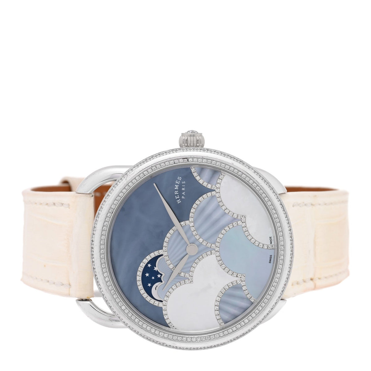18K White Gold Alligator Diamond Bezel Mother of Pearl 38mm Arceau Petite Lune Dans Les Nuages Automatic Watch Blanc