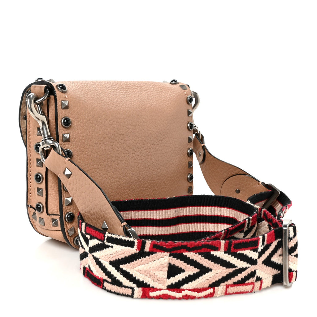 Grained Calfskin Onyx Guitar Strap Rockstud Rolling Shoulder Flap Messenger Bag Soft Noisette