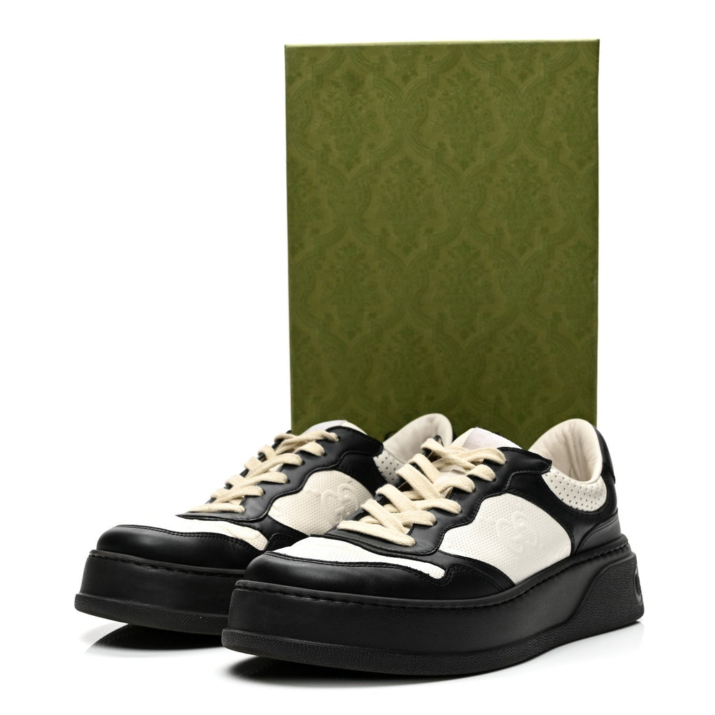 Calfskin GG Tennis Embossed Perforated Mens Interlocking G 55mm Sneakers 8.5 Black White