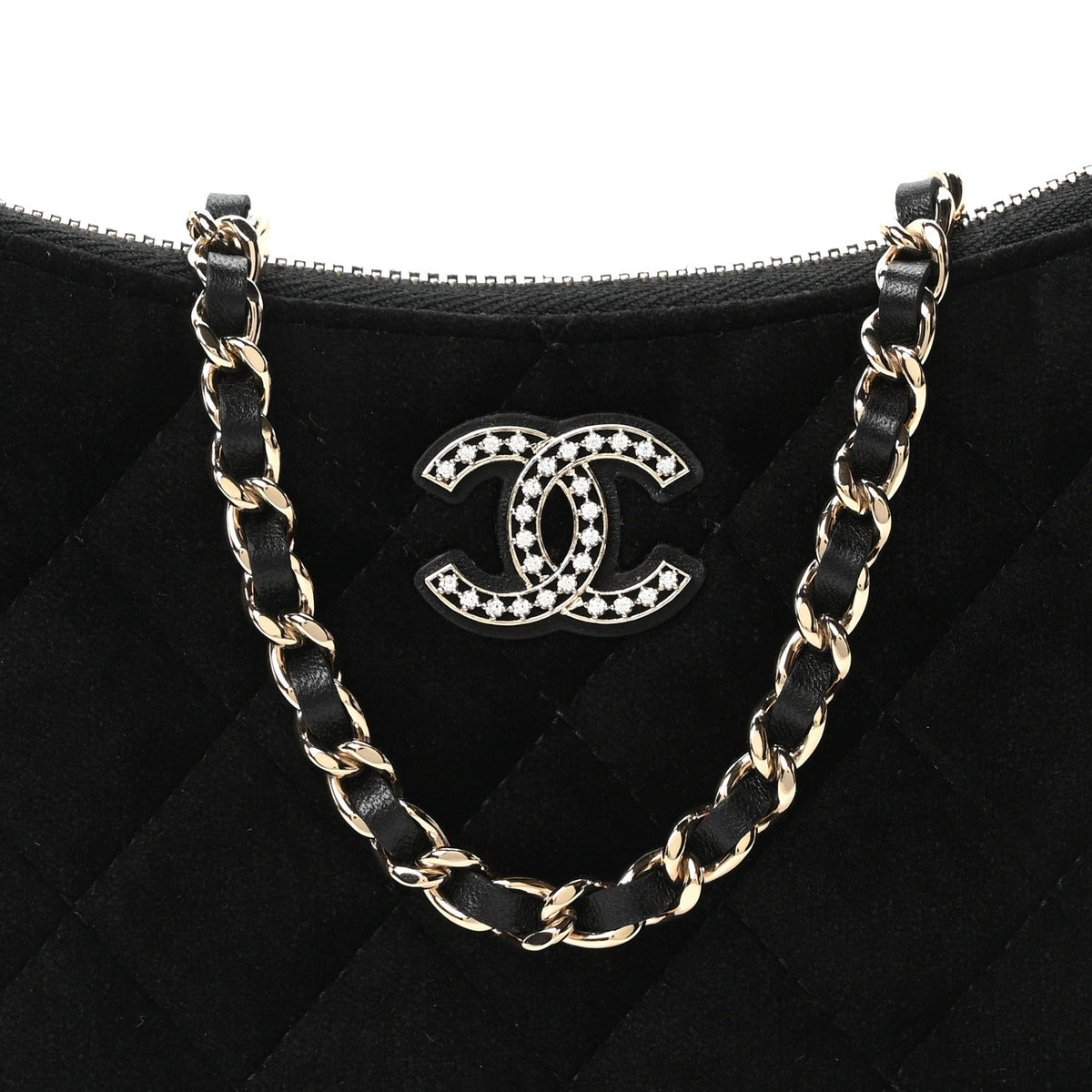 Velvet Crystal Quilted Chain Hobo Black