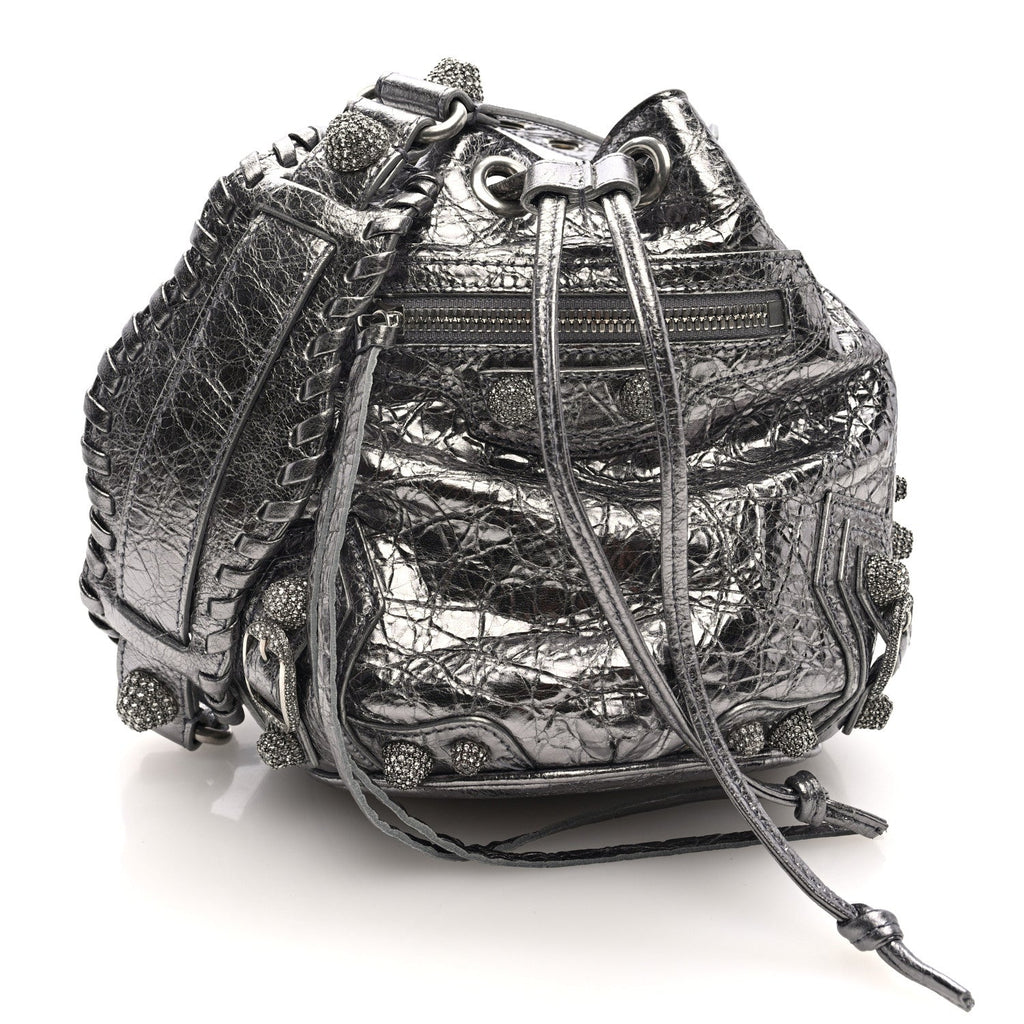 Metallic Agneau Arena Crystal Le Cagole Bucket Bag XS Silver