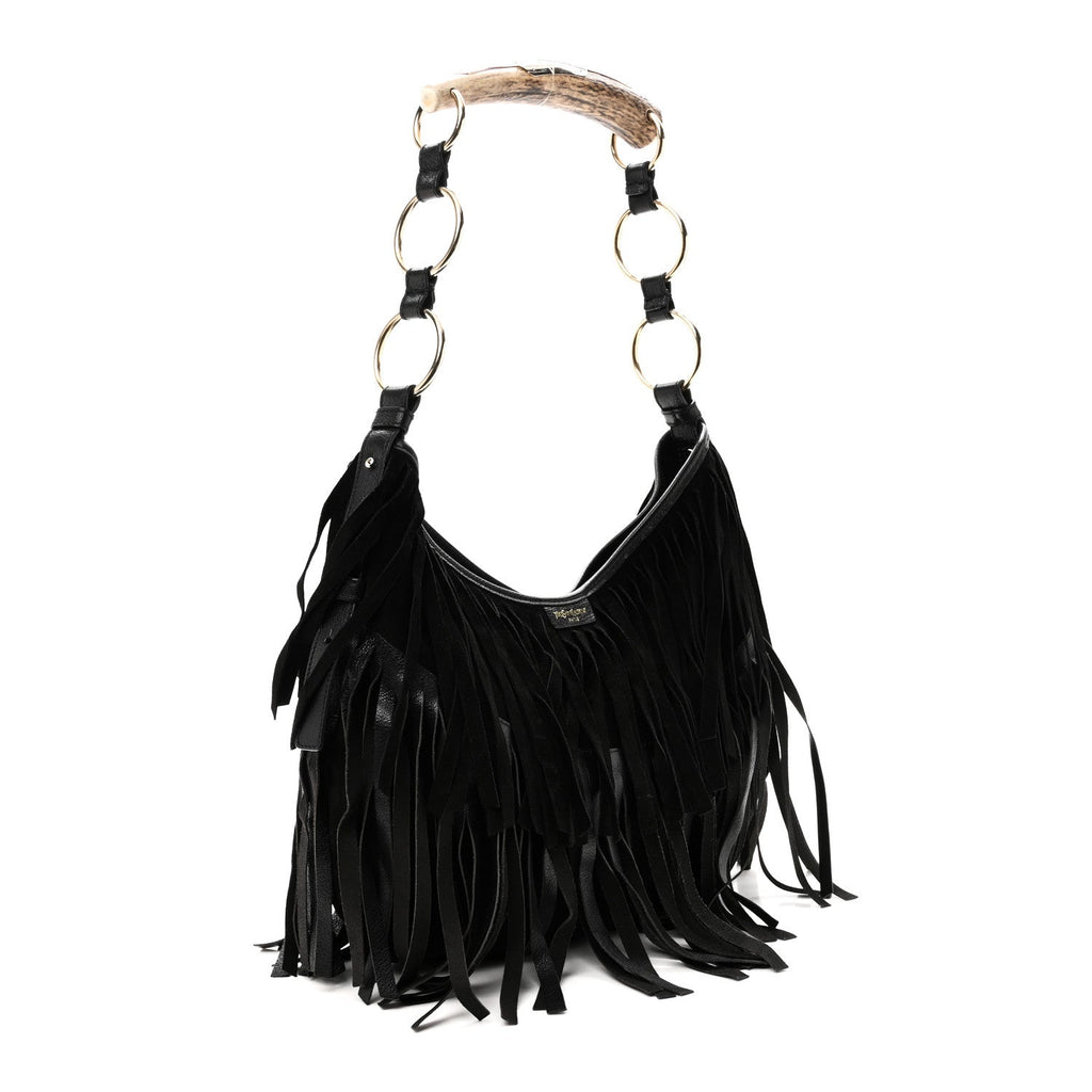 Suede Calfskin Fringe Buffalo Horn Mombasa Hobo Black
