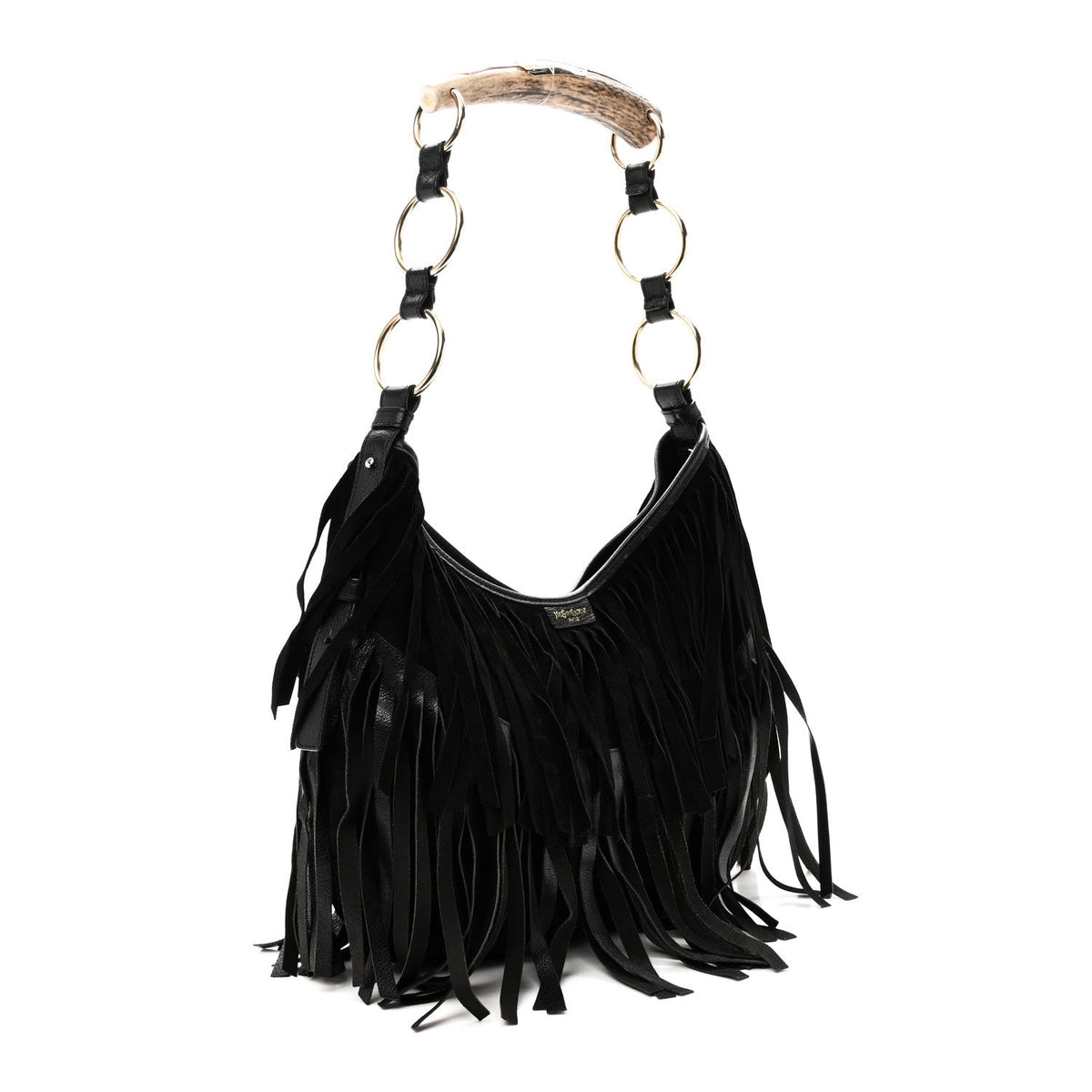 Suede Calfskin Fringe Buffalo Horn Mombasa Hobo Black