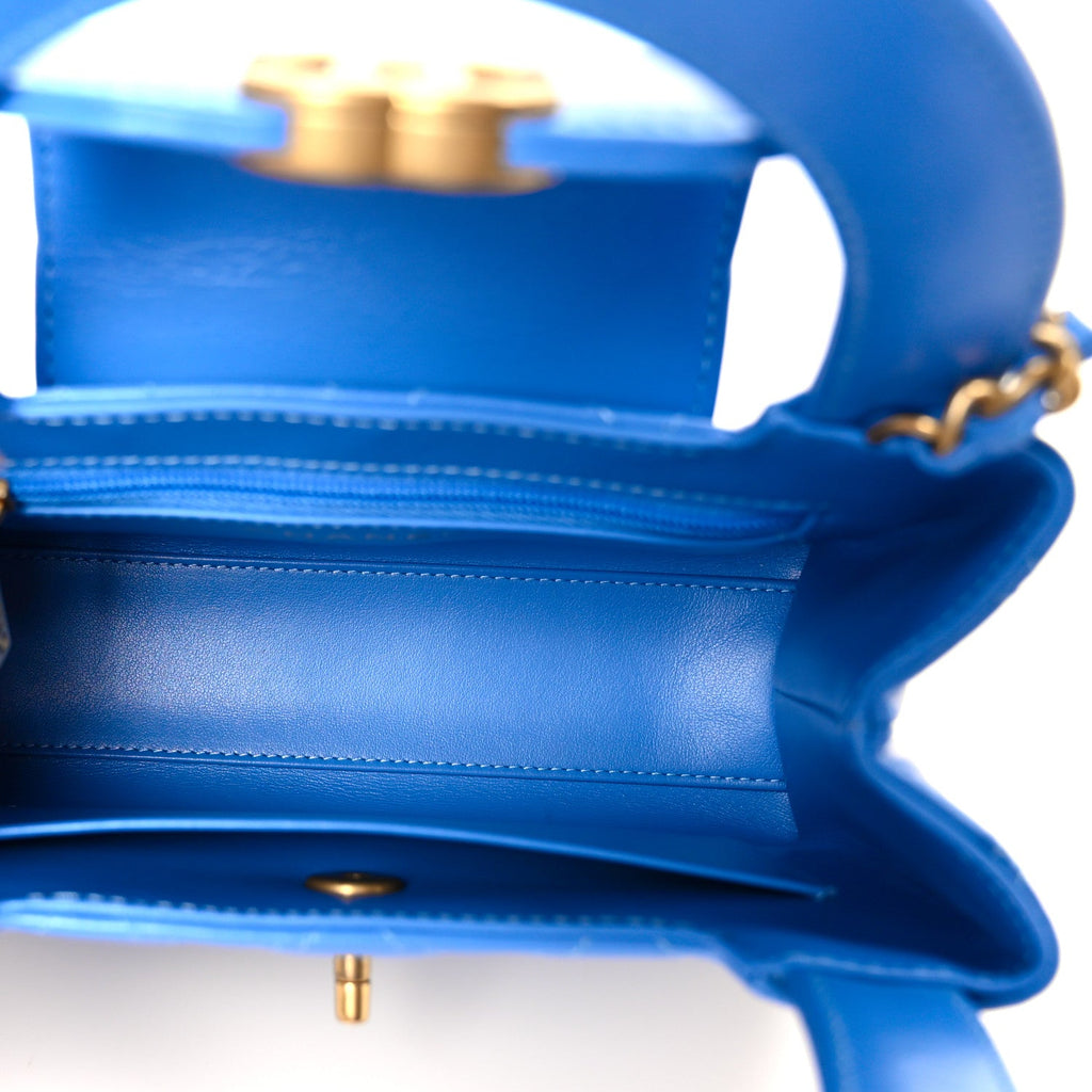 Shiny Aged Calfskin Quilted Nano Kelly Shopper Blue