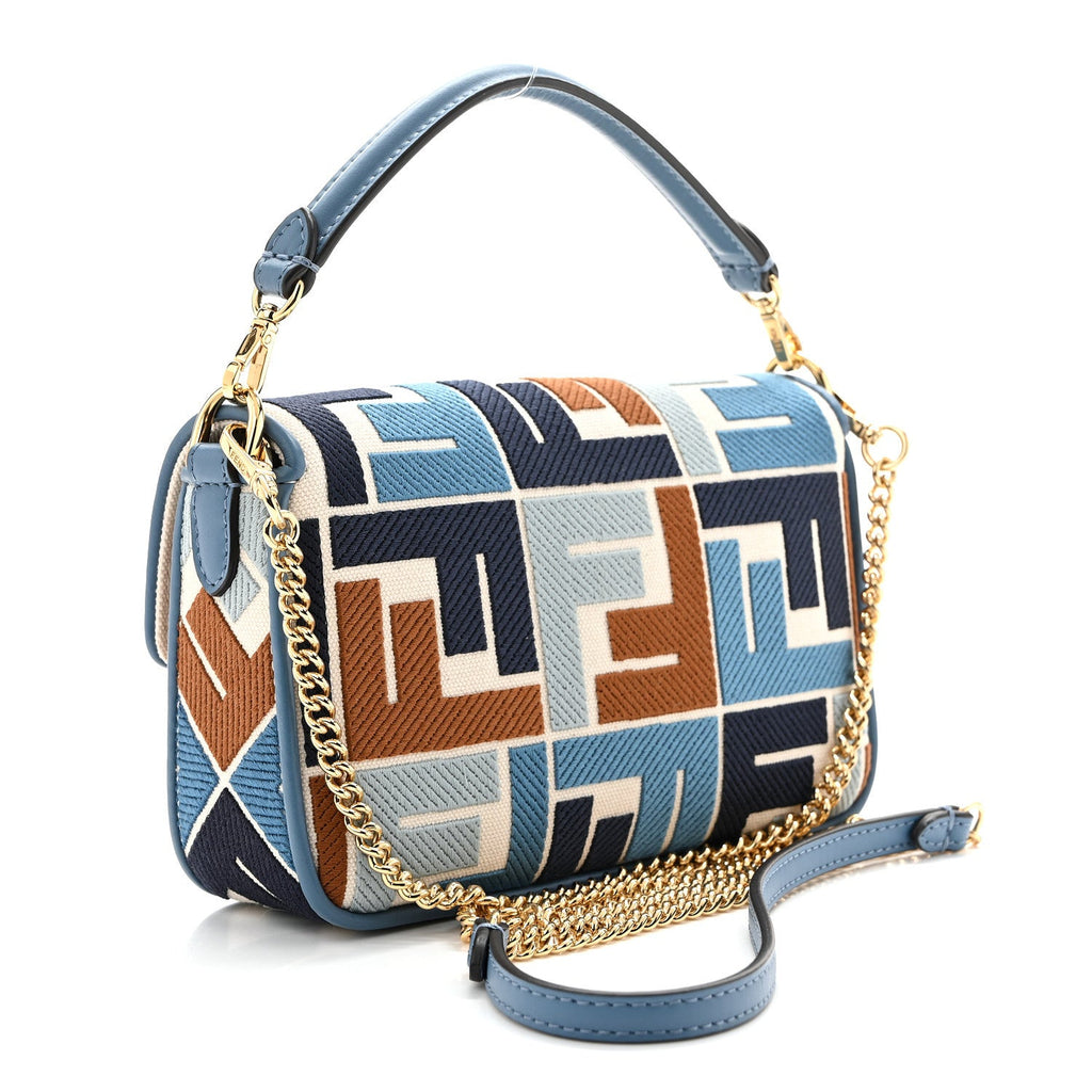 Canvas Vitello King Seta FF Embroidered Mini Baguette Blue Multicolor