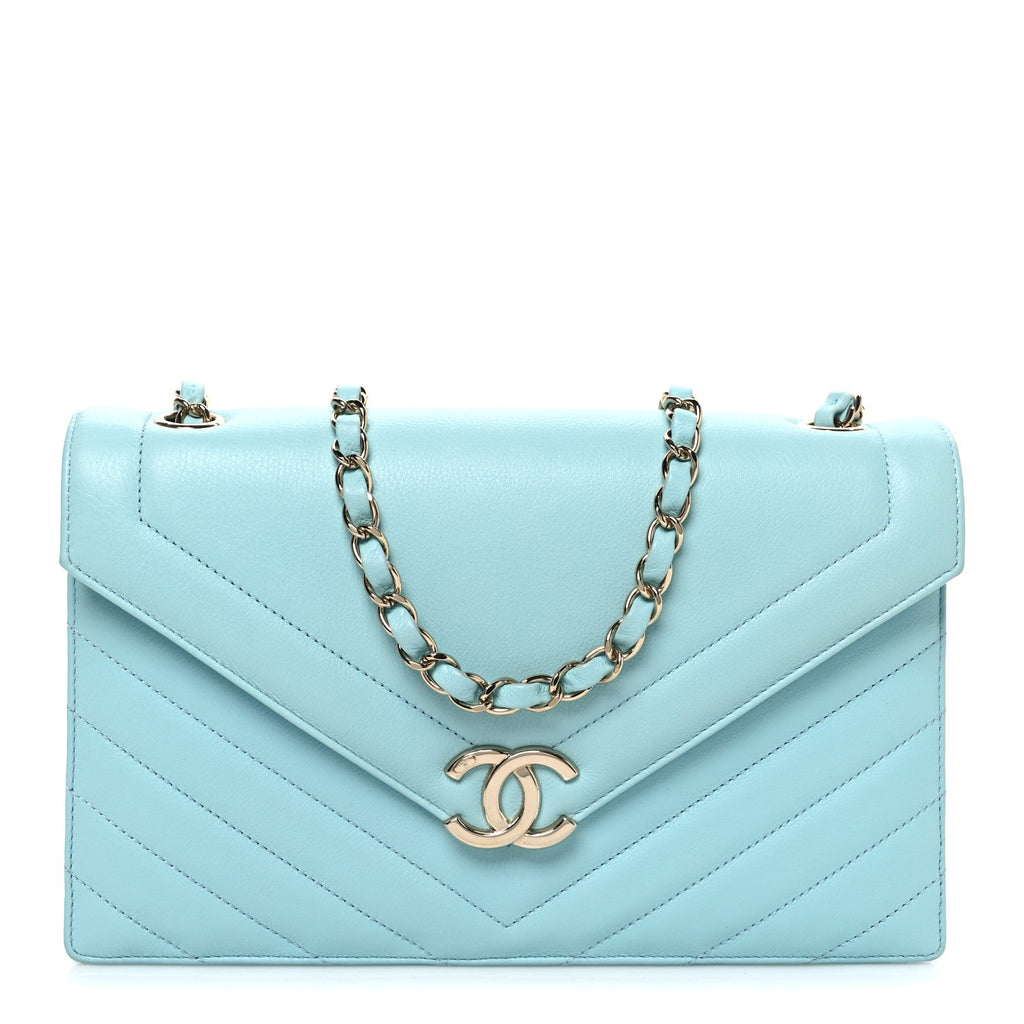 Calfskin Quilted Chevron Envelope Flap Turquoise