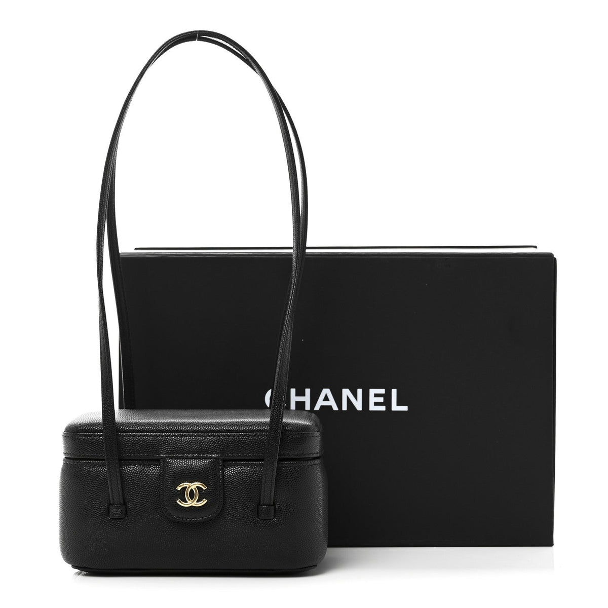 Shiny Caviar Preppy Coco Long Vanity With Strap Black