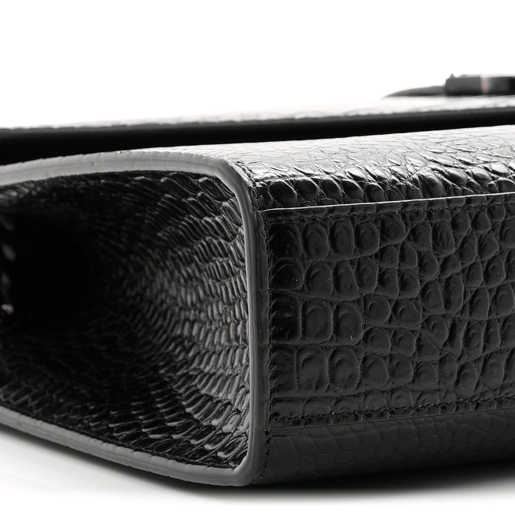 Calfskin Crocodile Embossed Monogram Large Satchel Black