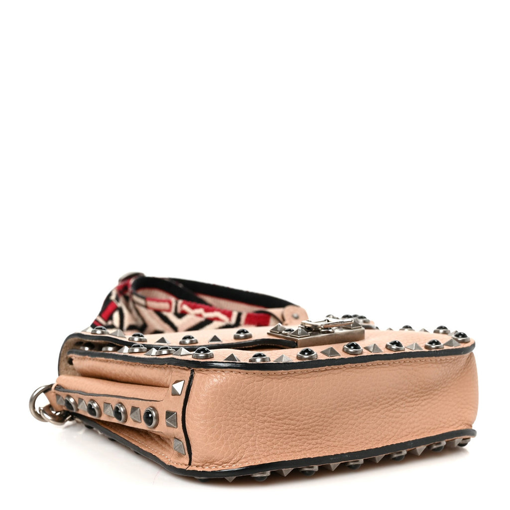 Grained Calfskin Onyx Guitar Strap Rockstud Rolling Shoulder Flap Messenger Bag Soft Noisette