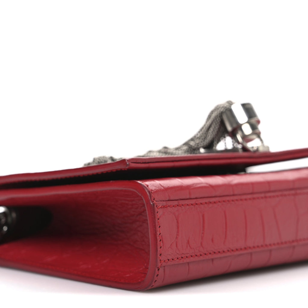 Calfskin Crocodile Embossed Small Classic Monogram Kate Tassel Satchel Red