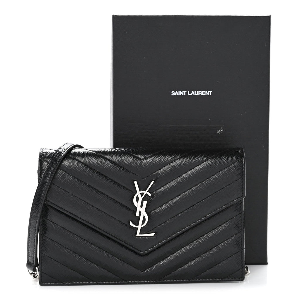 Grain De Poudre Matelasse Chevron Monogram Envelope Chain Wallet Black