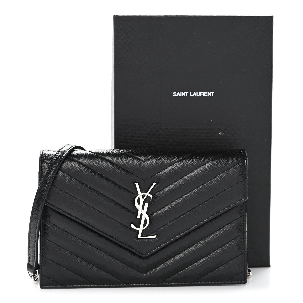 Grain De Poudre Matelasse Chevron Monogram Envelope Chain Wallet Black