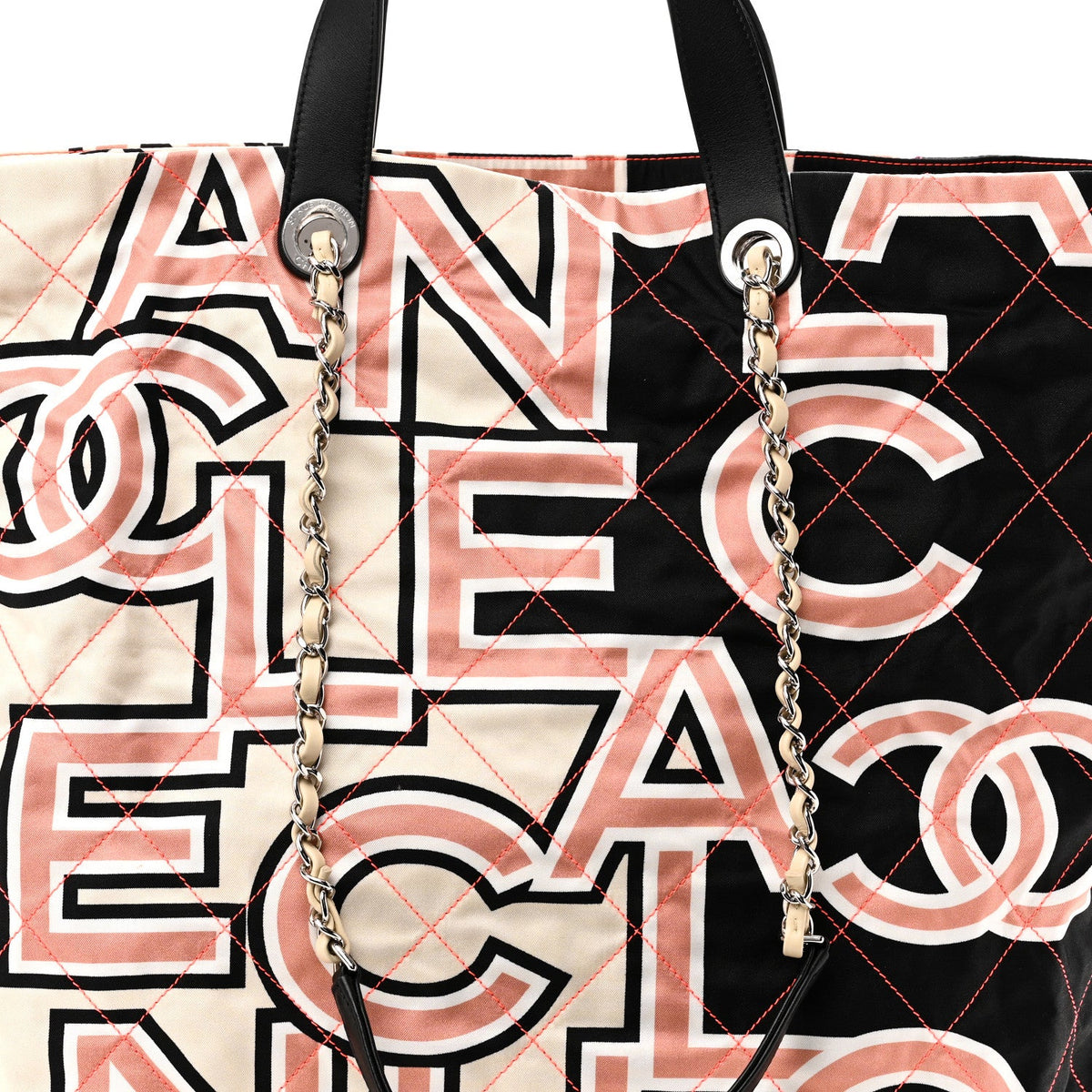 Nylon Stitched Printed Logo Shopping Bag Black White