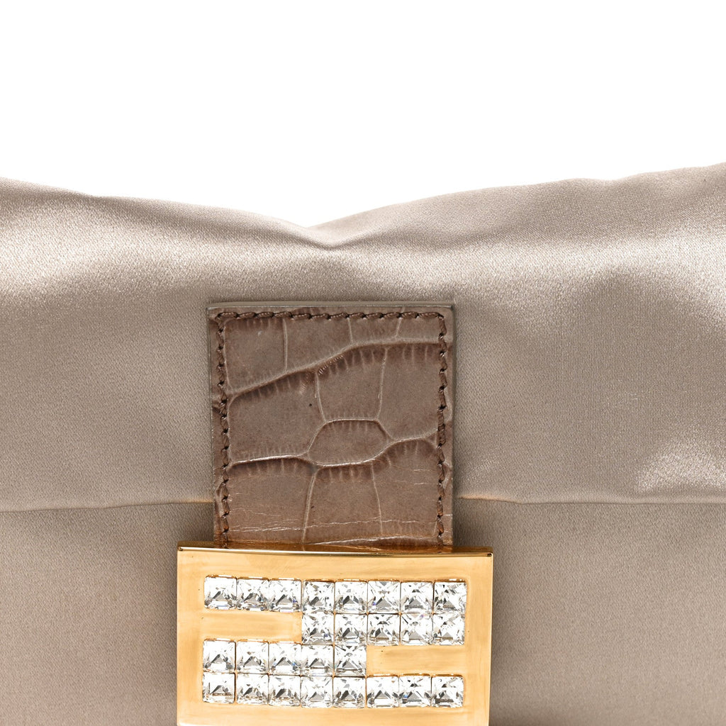 Satin Calfskin Crystal Crocodile Embossed Baguette Grey