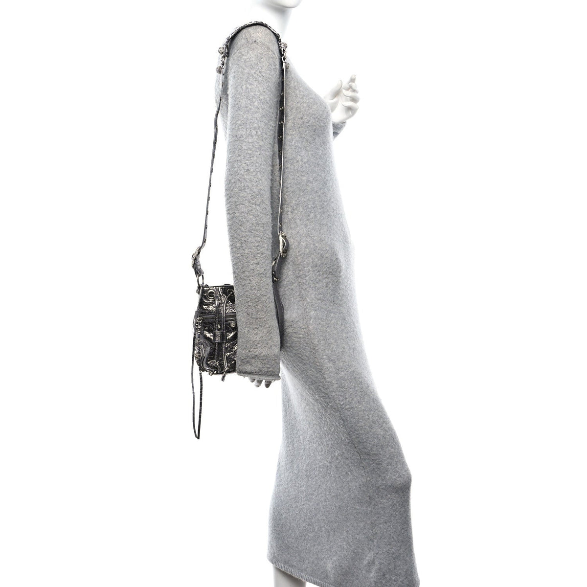 Metallic Agneau Arena Crystal Le Cagole Bucket Bag XS Silver