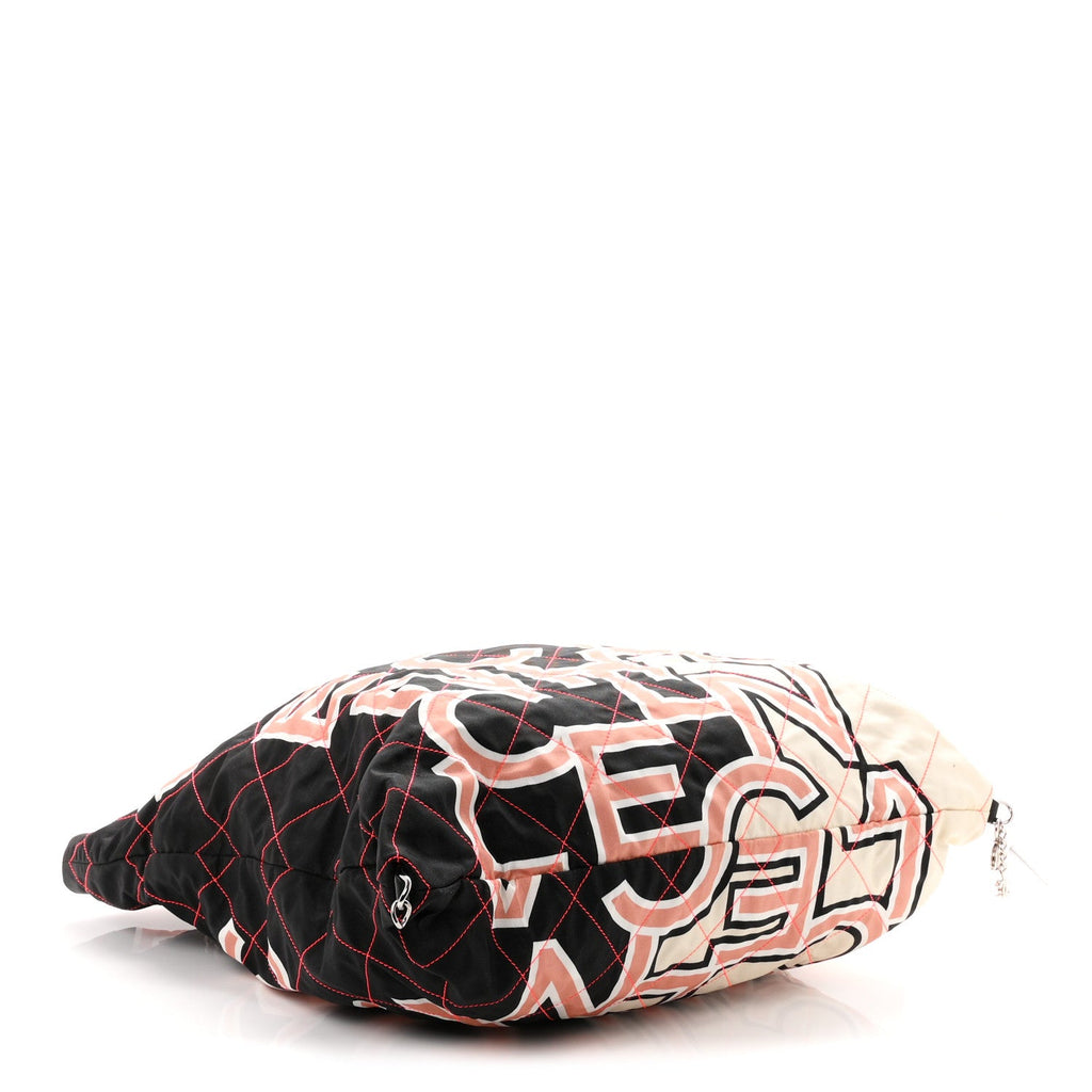 Nylon Stitched Printed Logo Shopping Bag Black White
