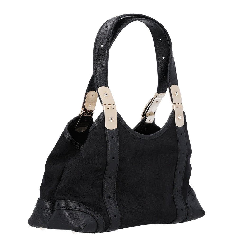 Canvas Horsebit Print Shoulder Bag Black