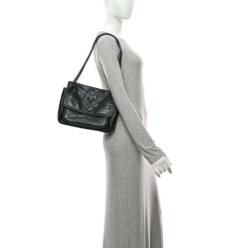 Crinkled Calfskin Matelasse Monogram Medium Niki Chain Satchel Black
