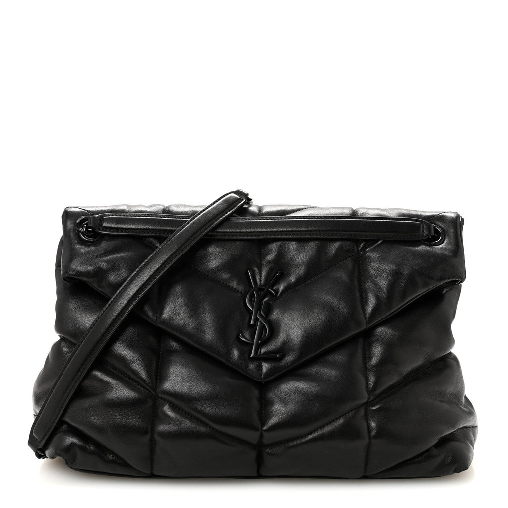 Lambskin Quilted Monogram Monochrome Medium Loulou Puffer Chain Satchel Black