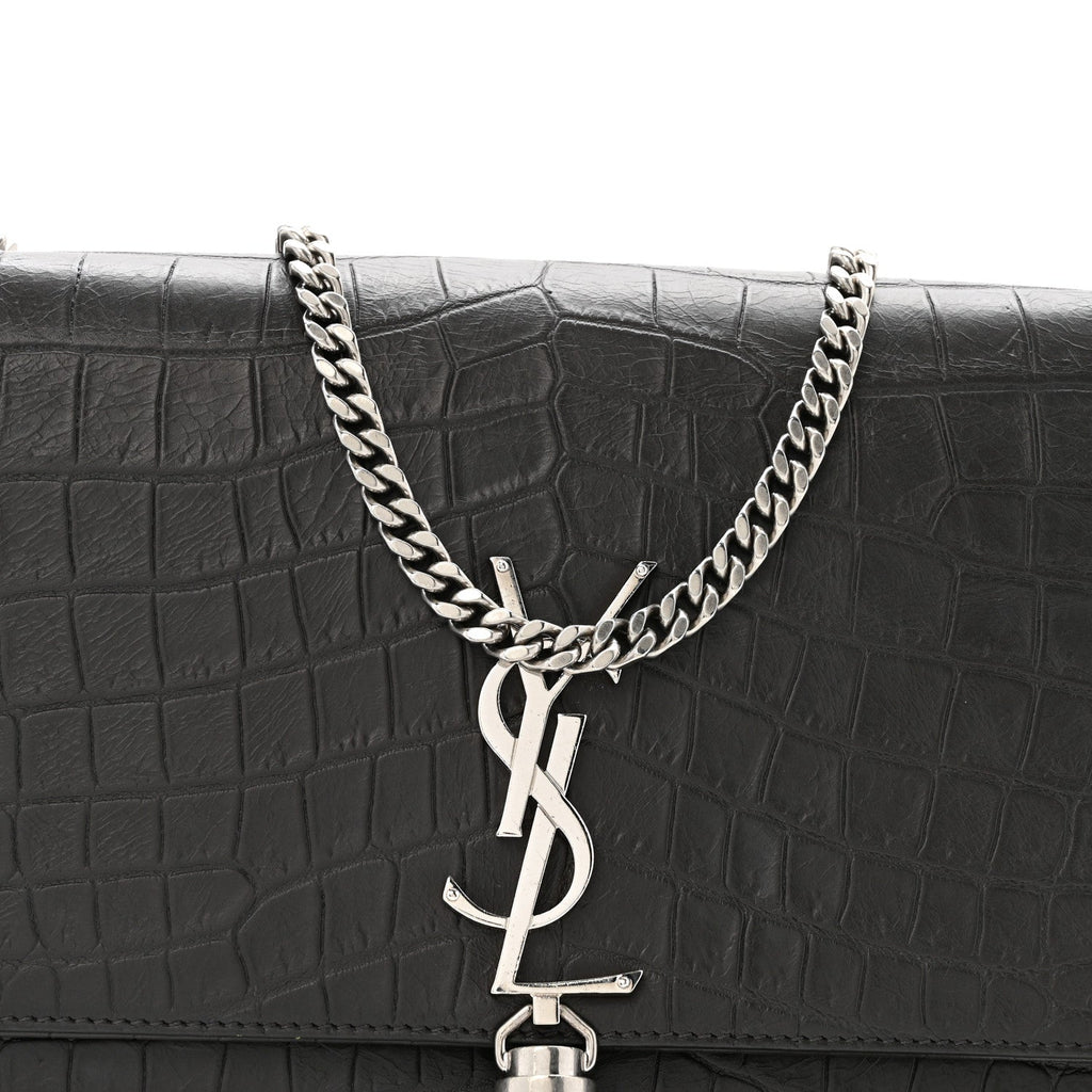 Calfskin Crocodile Embossed Medium Classic Monogram Kate Tassel Satchel Storm