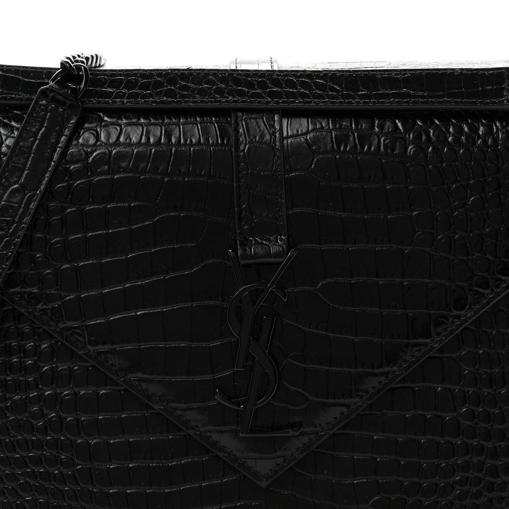 Calfskin Crocodile Embossed Monogram Large Satchel Black