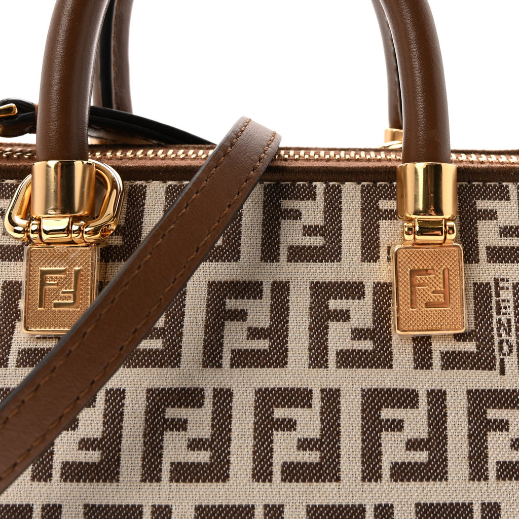 Vitello Grace Jacquard FF Mini By The Way Top Handle Boston Bag  Gianduia Panna