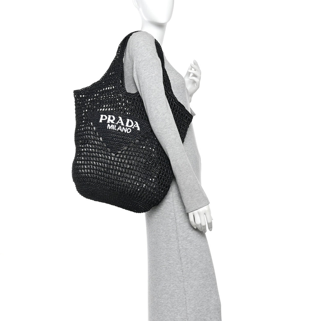 Yarn Raffia Effect Crochet Logo Embroidered Shopping Tote Bag Black