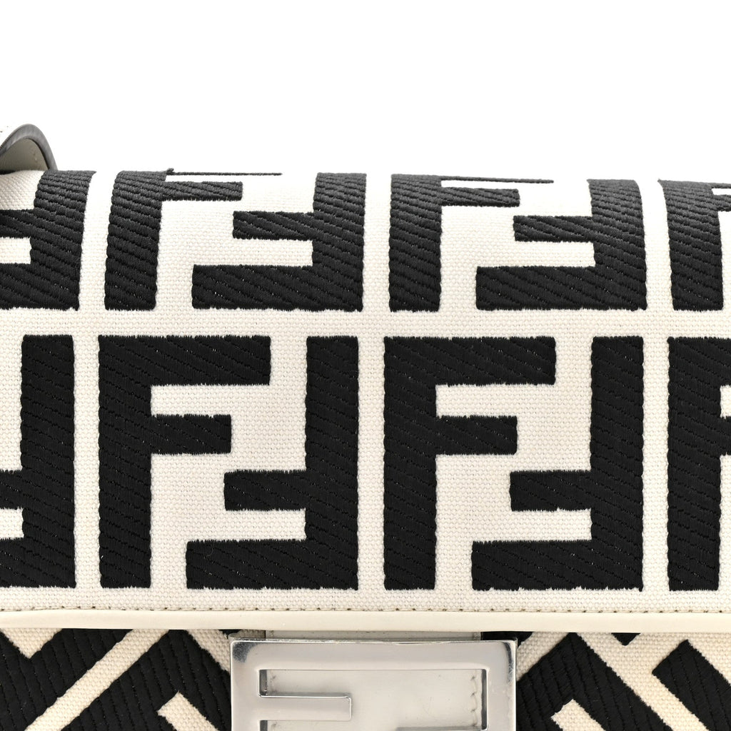 Canvas Vitello King FF Embroidered Baguette White Black