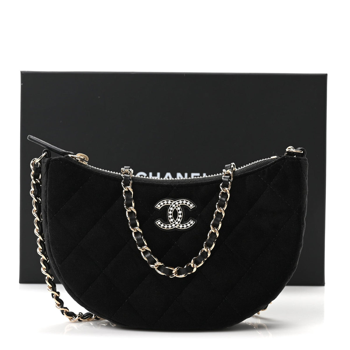 Velvet Crystal Quilted Chain Hobo Black