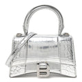 Metallic Calfskin Crocodile Embossed Crystal Hourglass Top Handle Bag XS Silver