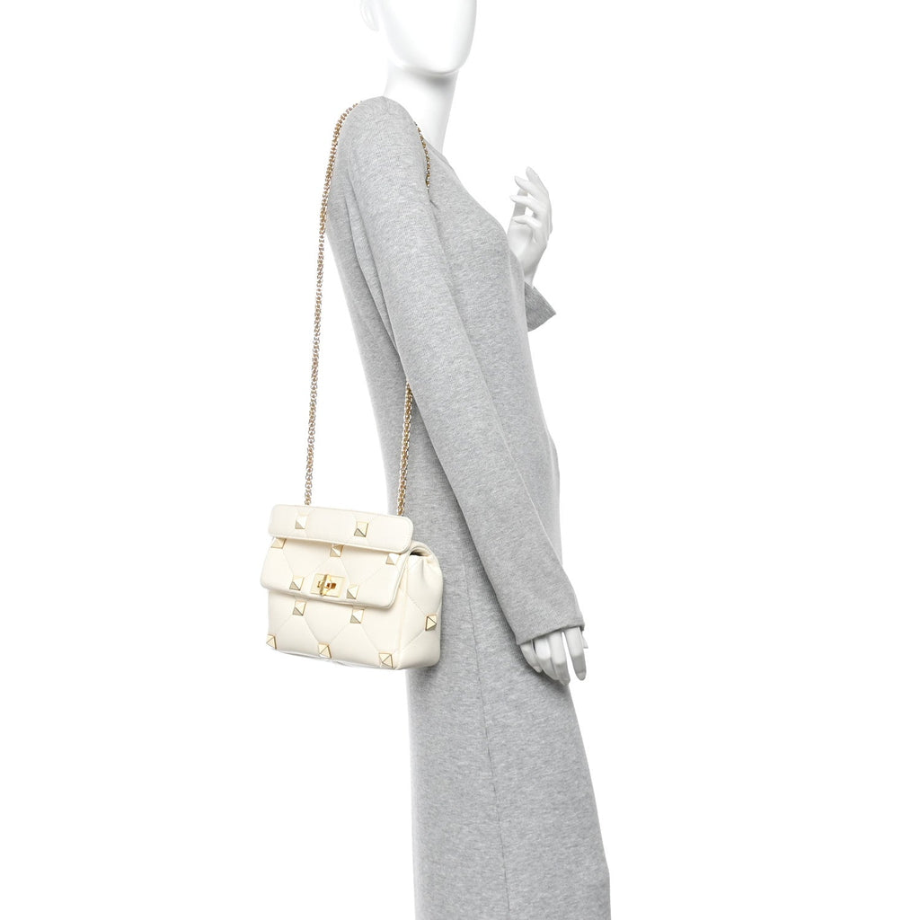 Nappa Enamel Medium Roman Stud Shoulder Bag Ivory