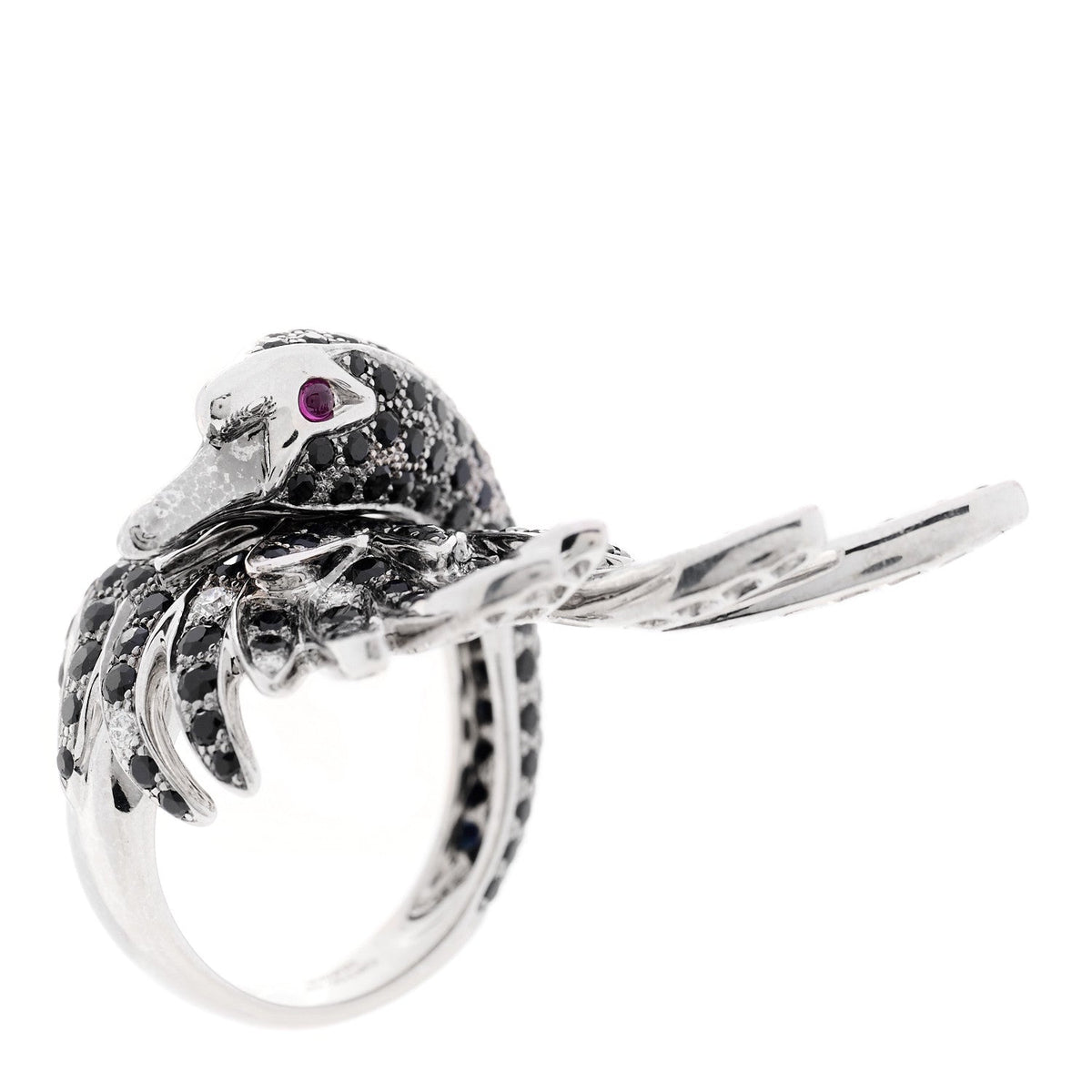 18K White Gold Diamond Black Sapphire Ruby Cypris Swan Ring 52 6
