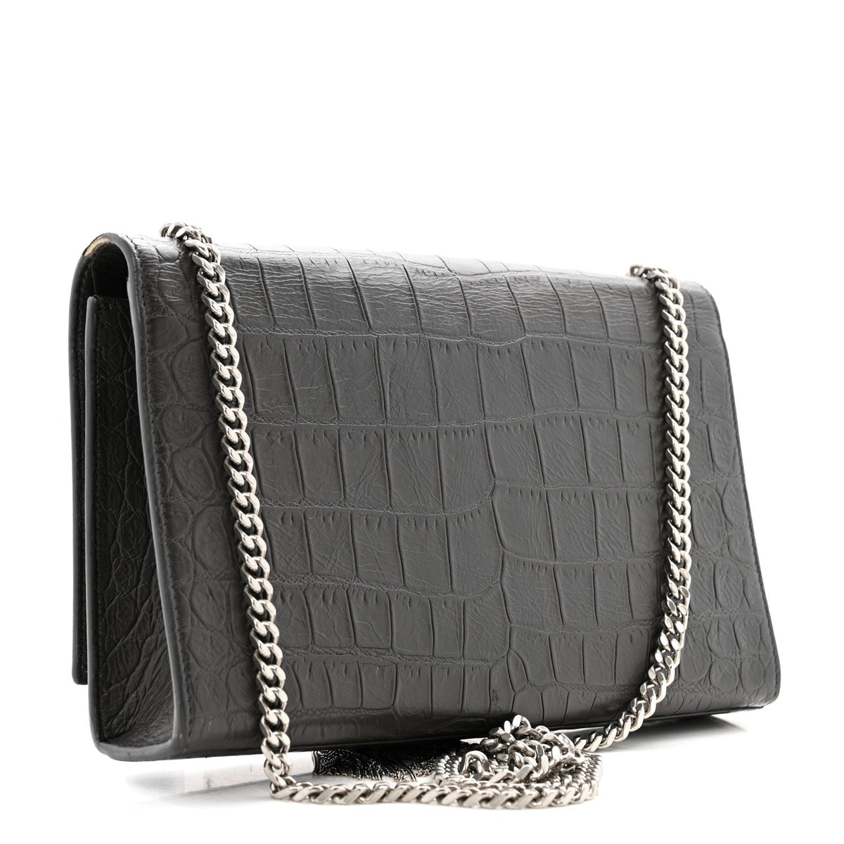 Calfskin Crocodile Embossed Medium Classic Monogram Kate Tassel Satchel Storm