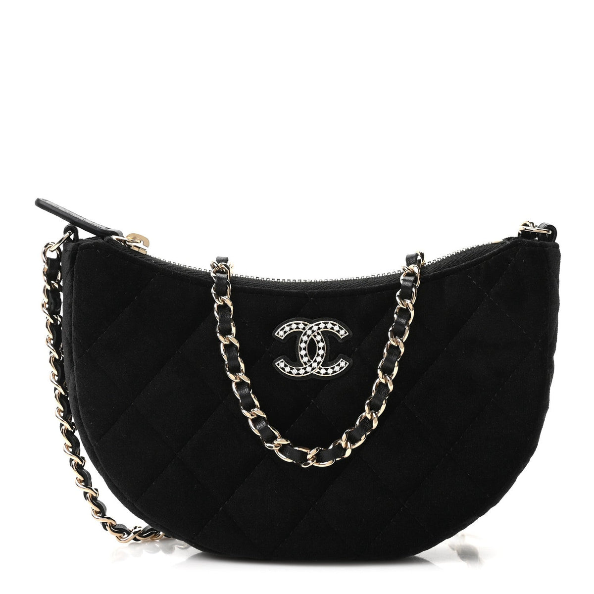 Velvet Crystal Quilted Chain Hobo Black