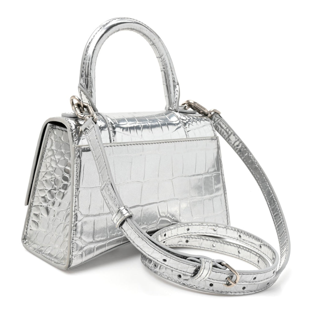 Metallic Calfskin Crocodile Embossed Crystal Hourglass Top Handle Bag XS Silver
