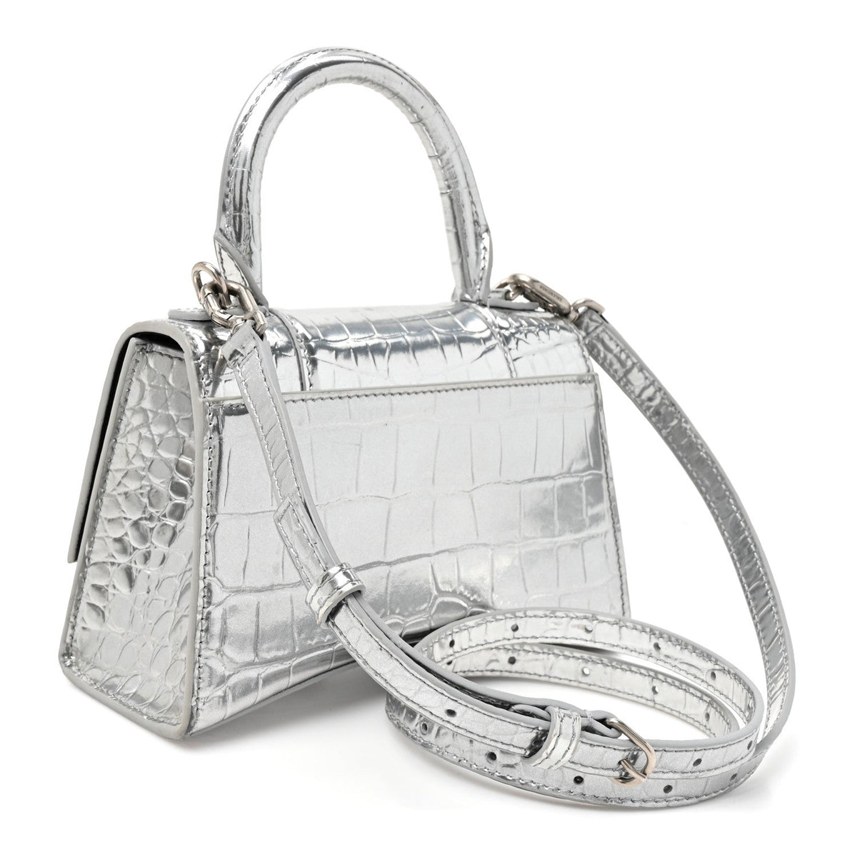 Metallic Calfskin Crocodile Embossed Crystal Hourglass Top Handle Bag XS Silver