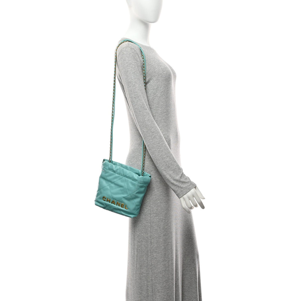 Shiny Calfskin Quilted Mini Chanel 22 Turquoise