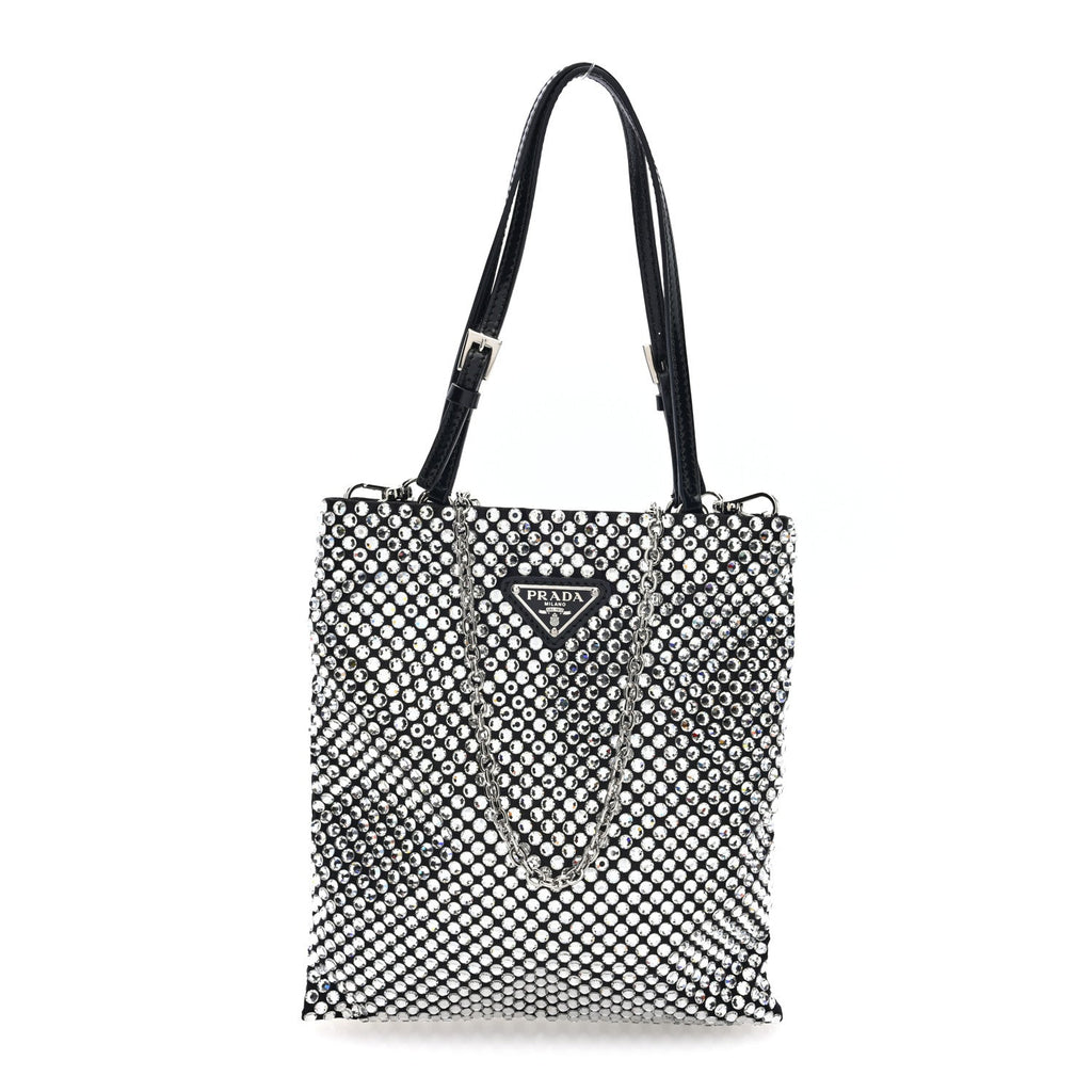 Satin Crystal Metal Triangle Logo Chain Crossbody Handbag Cristal