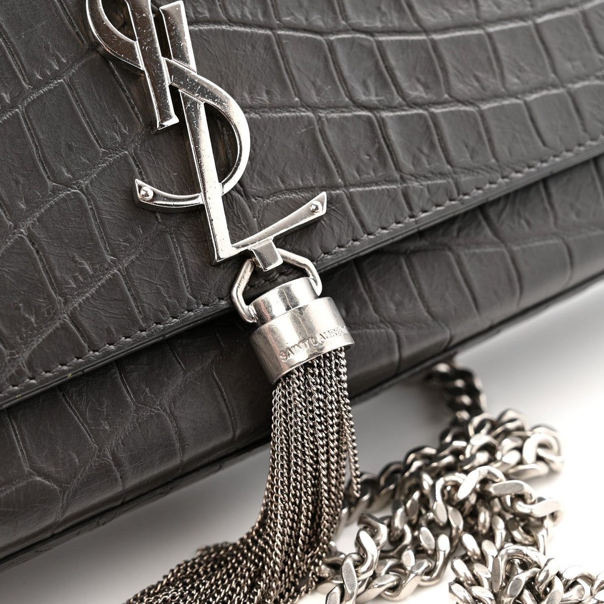 Calfskin Crocodile Embossed Medium Classic Monogram Kate Tassel Satchel Storm