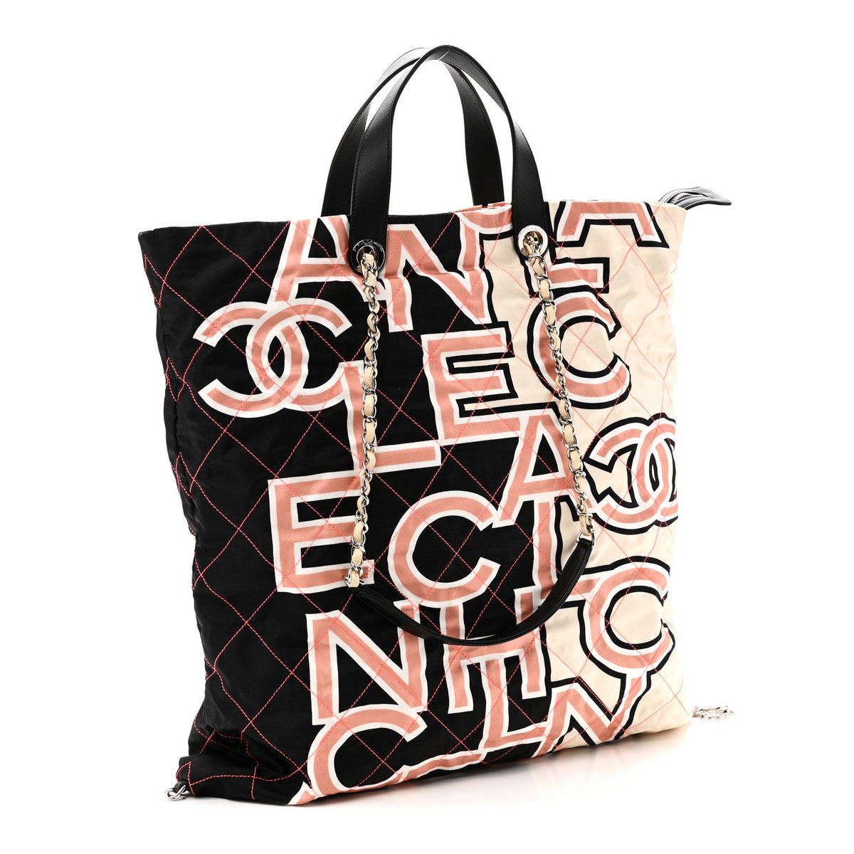Nylon Stitched Printed Logo Shopping Bag Black White