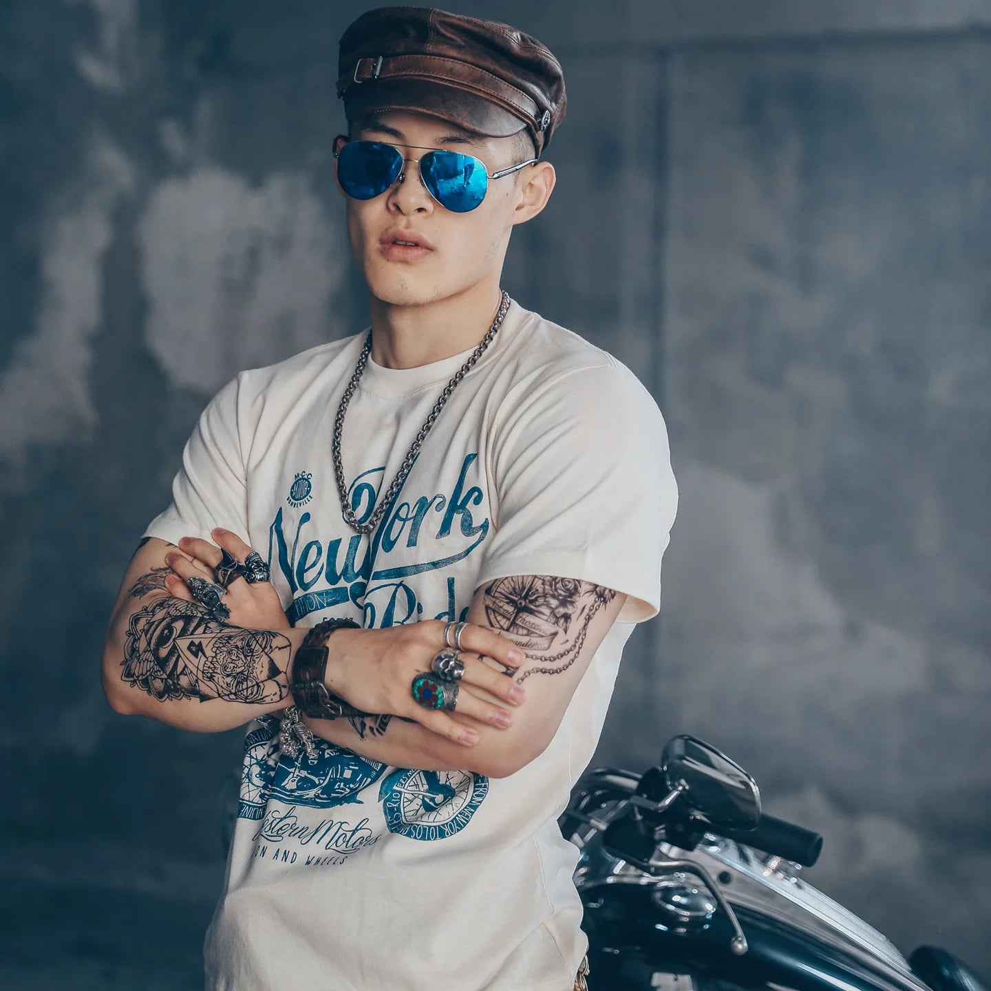 Amikaji American retro Japanese heavyweight pure cotton rock motorcycle T-shirt short sleeved men's European and American punk street TEE