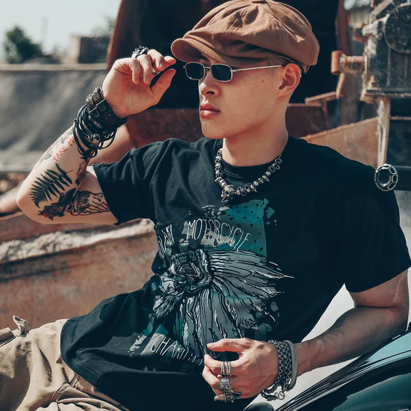 American American, European and American Indian fashion brand short sleeved trendy men's T-shirt pure cotton motorcycle motorcycle punk skull rock