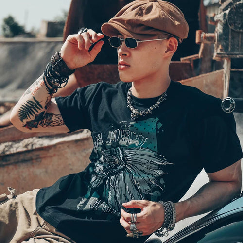 American American, European and American Indian fashion brand short sleeved trendy men's T-shirt pure cotton motorcycle motorcycle punk skull rock