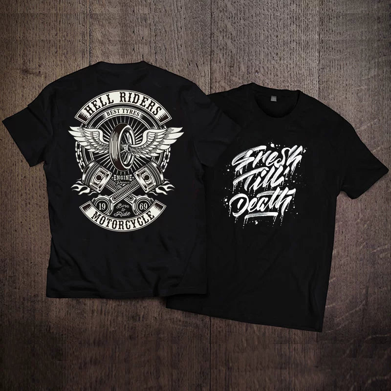 European and American trendy heavy metal rock band retro punk black short sleeved T-shirt motorcycle equipment loose print men