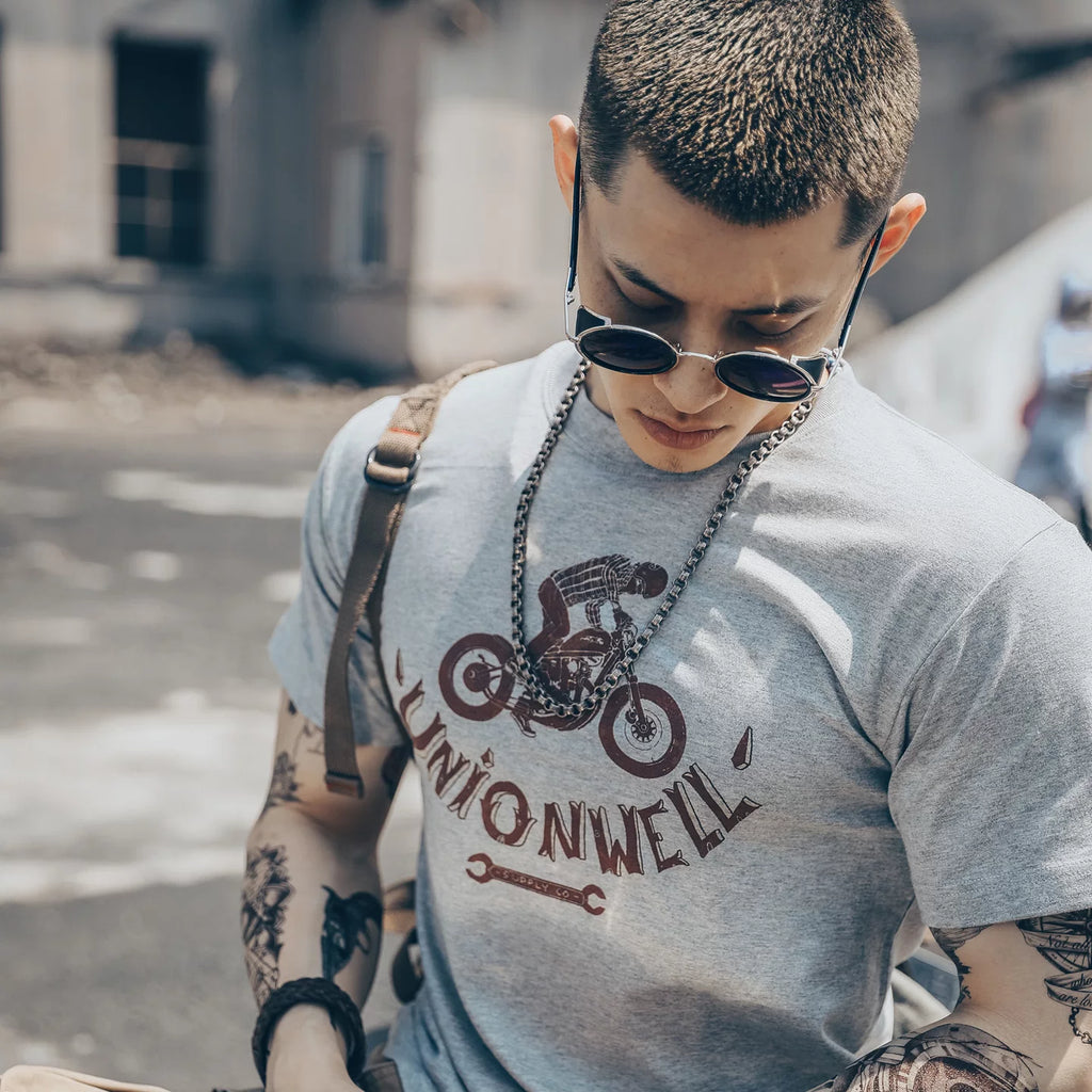 American retro Amei Kaji Street Heavy Motorcycle Motorcycle Rock Style Skull Short Sleeve T-shirt Vintage Men