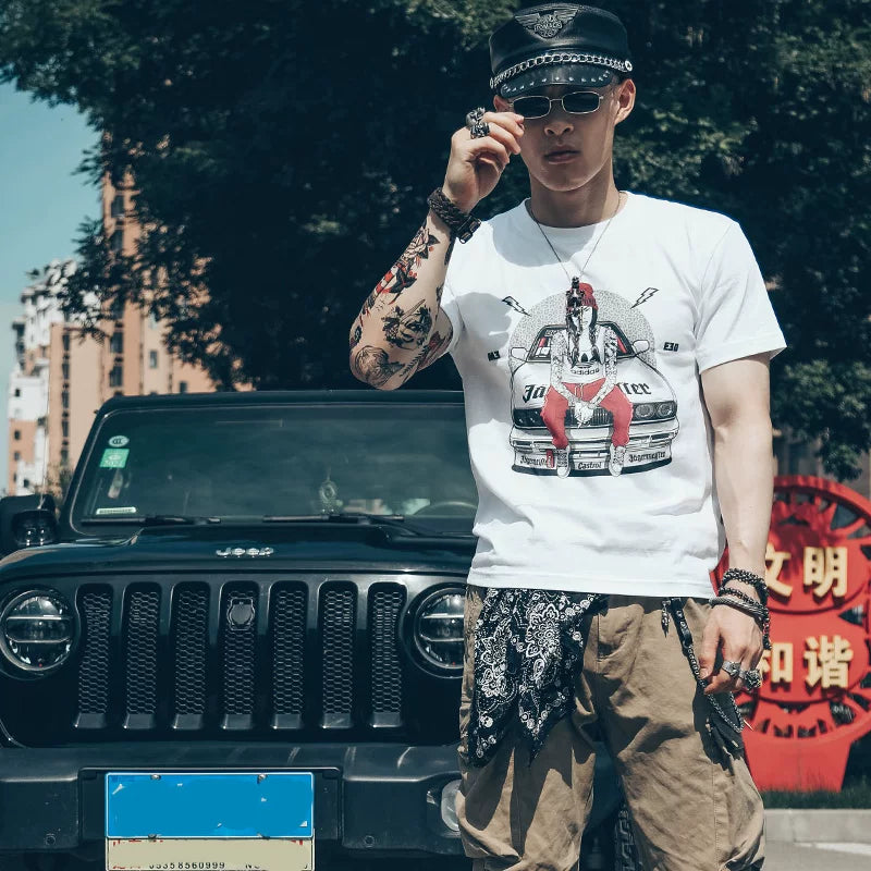 European and American style tattoos, tattooed arms, flower arms, motorcycle, teenage racing, short sleeved T-shirts, men's and women's retro Amis khaki trend