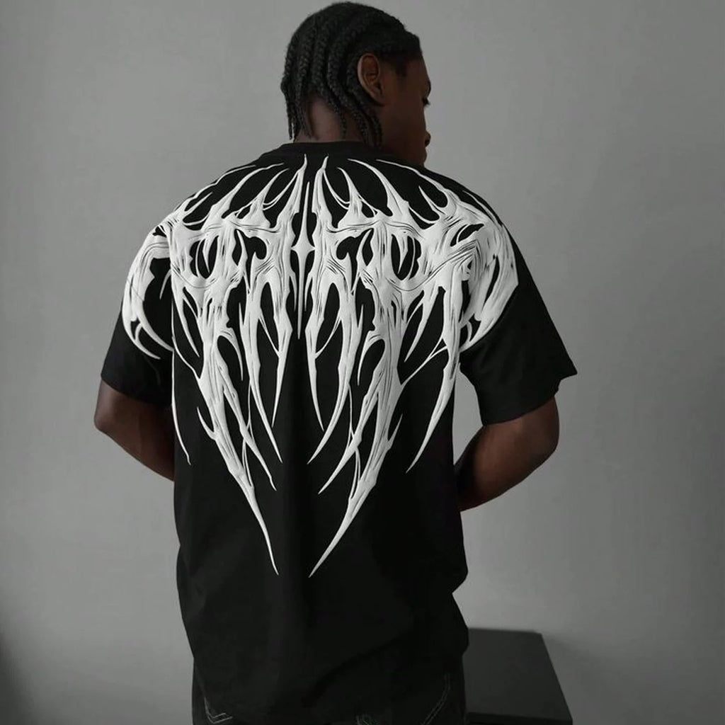 Men's T-shirt High Street Dark Design Back Wings Rock Band Printed American Heavy Cotton Men's Short Sleeve