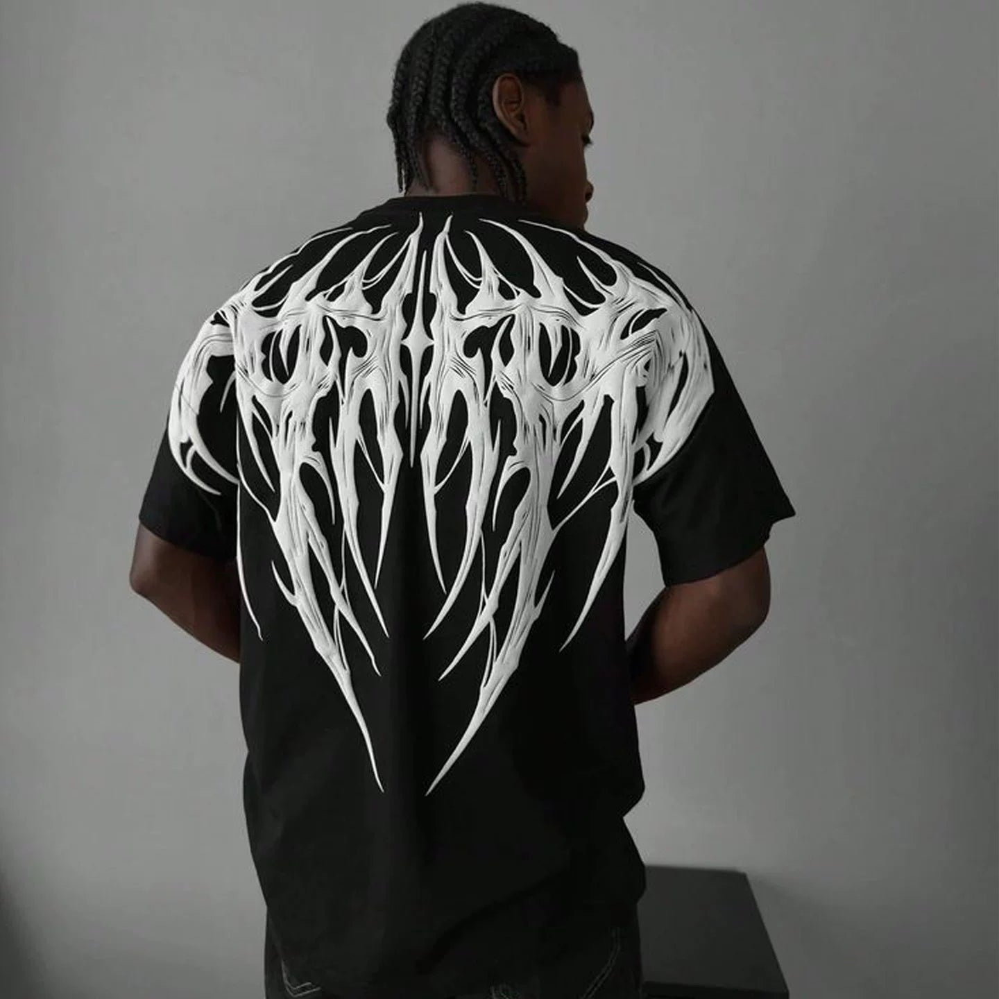 Men's T-shirt High Street Dark Design Back Wings Rock Band Printed American Heavy Cotton Men's Short Sleeve