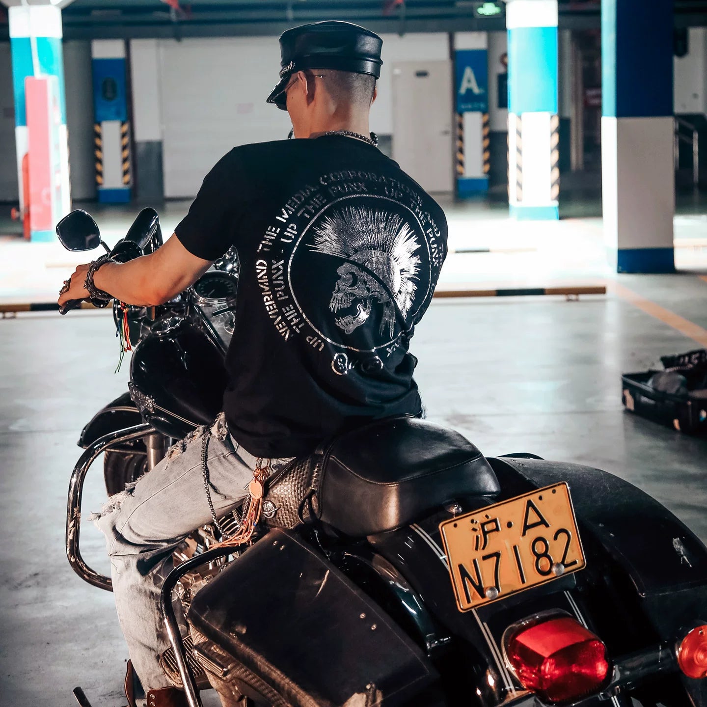 American retro metal band rock motorcycle high street dark skull hot silver MMJ trendy brand short sleeved T-shirt for men and women